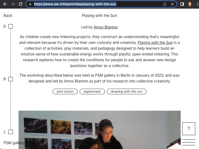 Screen capture of EER Playing with the Sun page, containing documentation of the Berlin workshop at PSM art gallery, January 2023.