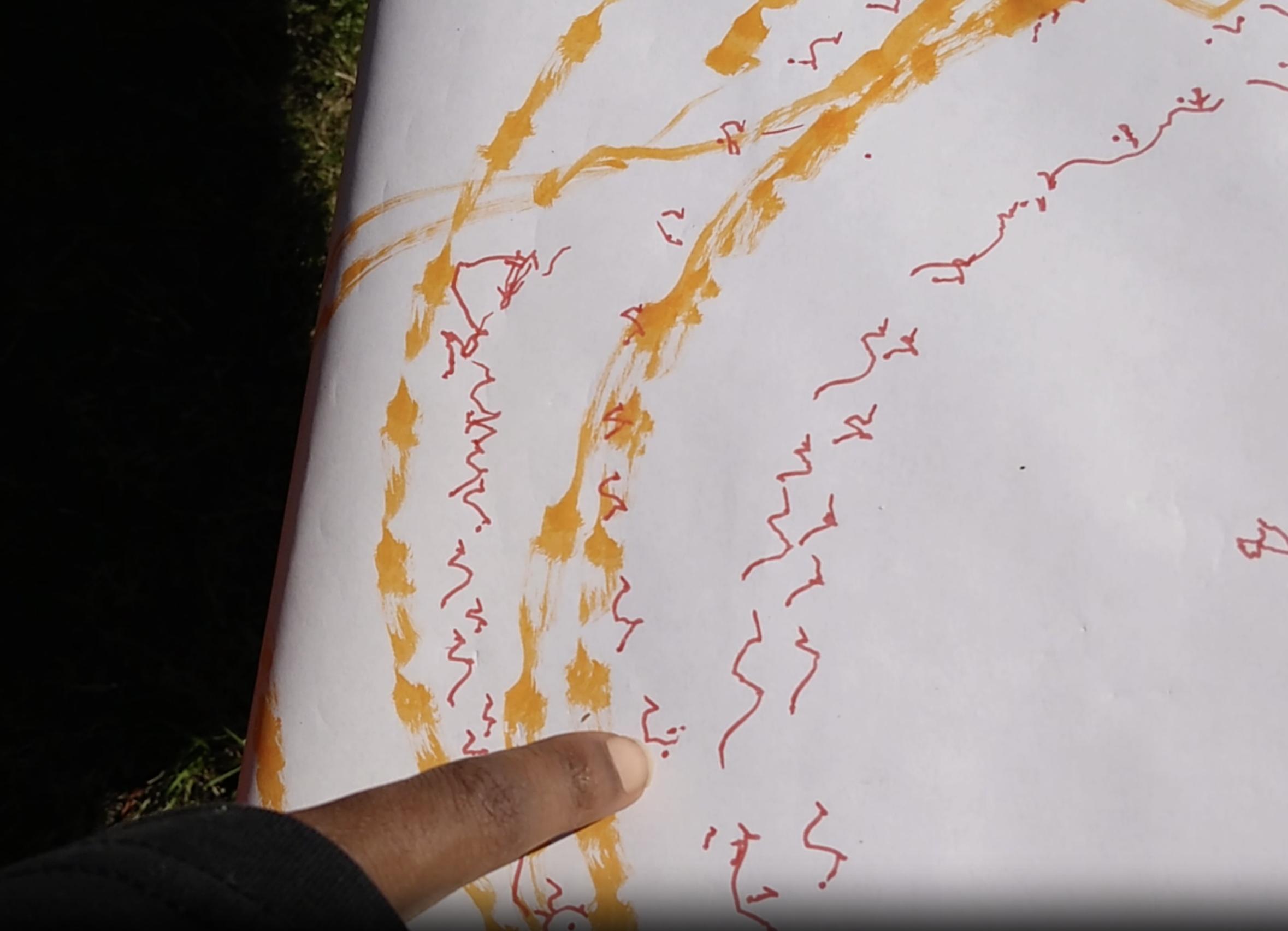 Marks similar to writing that participants came upon during the *Drawing with the Sun* activity I ran in the EER *More than Human* workshop, September 2021