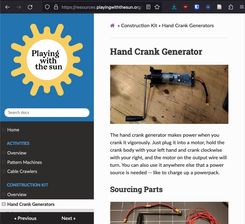 The hand crank generator page on the Playing with the Sun Resources site.