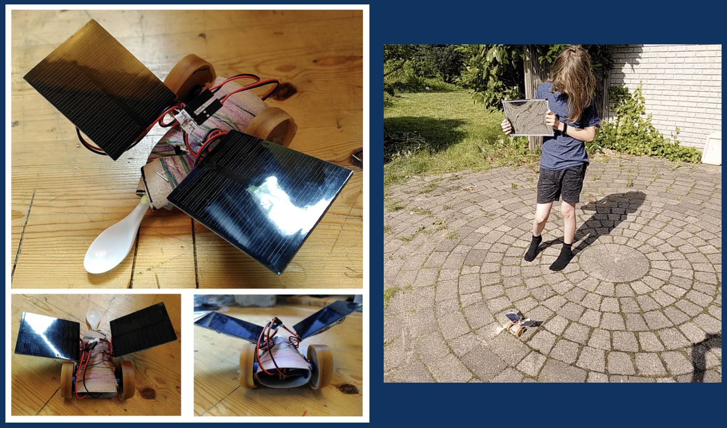 The first solar bug consisting of a cardboard tube and two .5 watt solar panels attached to gear motors on opposite sides. It can be steered by reflecting light onto one or the other solar panels using a mirror.